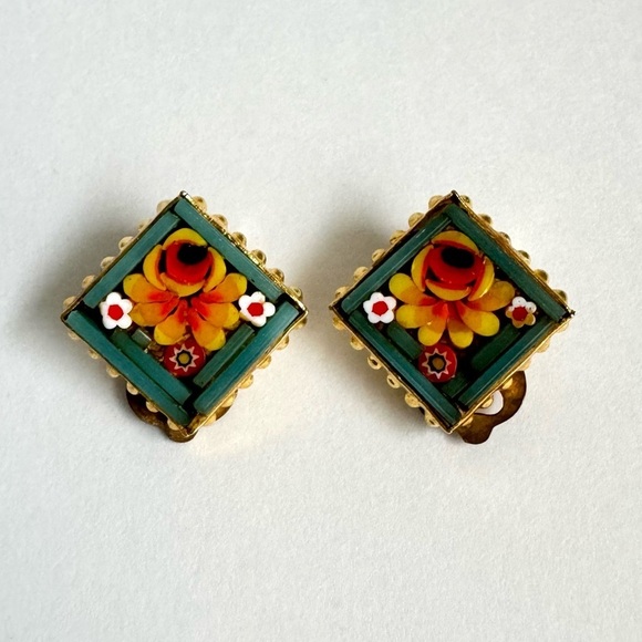 Micro Mosaic Floral Gold Green Clip On Earrings Vintage Romantic Italy Italian - Picture 9 of 9